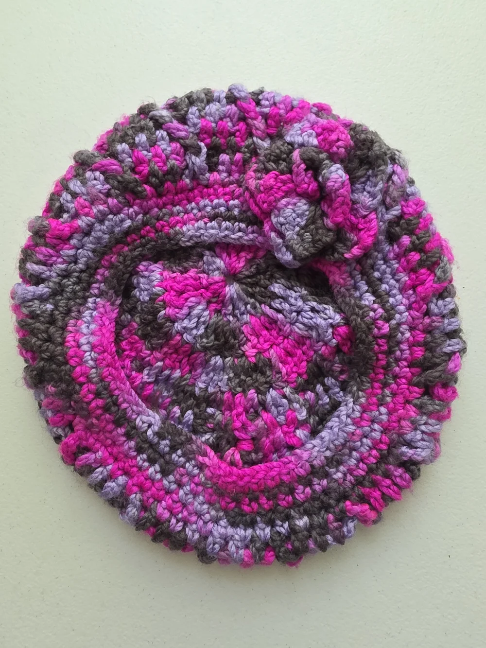Handmade Crocheted Beret In Hot Pink, Lavender & Gray